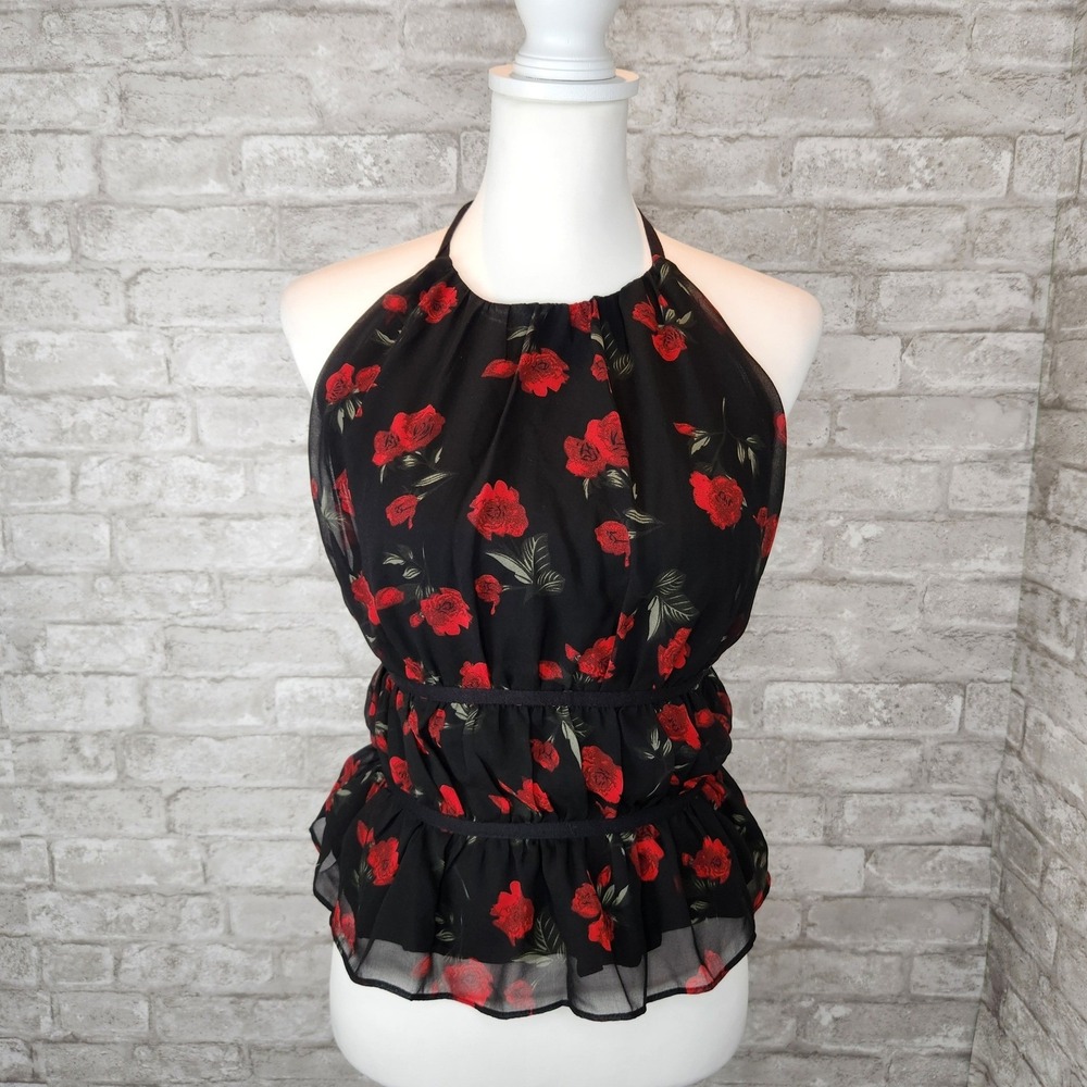 Pretty Garbage Rosa Halter Top Black Red Floral Chiffon Open Back Festival Large